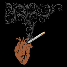Human Heart And A Smoking Cirarette. Creative Medicinal Concept. Harm Of Tobacco Ad Nicotine. 