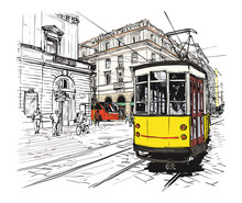 Street View With Famous Old Tram In Lisbon City, Portugal - Vector Illustration (Ideal For Printing On Fabric Or Paper, Poster Or Wallpaper, House Decoration)