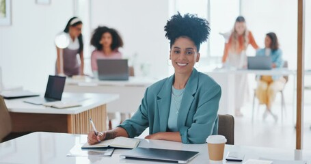 Poster - Face, writing or black woman in office building working on hr administration with a happy smile at office desk. Portrait, focus or African employee working or planning a mission or goals for success