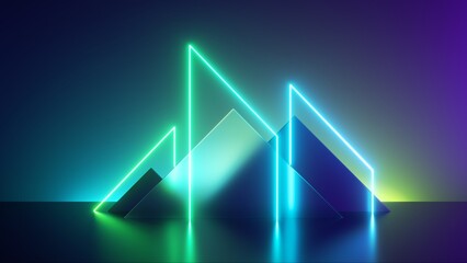 3d render, abstract blue green neon background. Stage with geometric shapes and glowing lines. Futuristic wallpaper