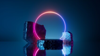 3d render, abstract blue background with pink violet neon ring and rock stones. Minimalist futuristic wallpaper. Showcase scene with arch and empty podium for product presentation