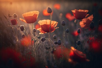 Wall Mural - Red poppies blossom on wild field. Generative AI.