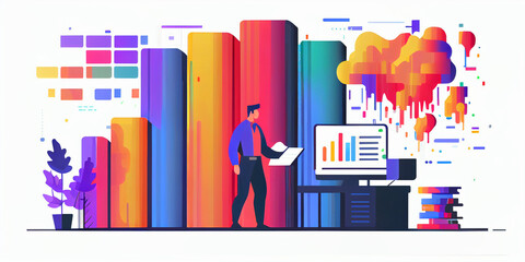 Programmer working in a software developing company office. Programmer coding code on computer monitor. Software development concept.  illustration in flat style,Generative AI