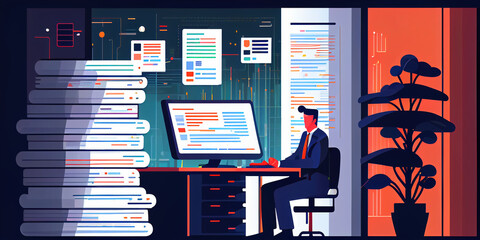Programmer working in a software developing company office. Programmer coding code on computer monitor. Software development concept.  illustration in flat style,Generative AI