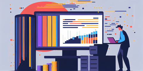 Programmer working in a software developing company office. Programmer coding code on computer monitor. Software development concept.  illustration in flat style,Generative AI
