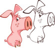 Vector Illustration of a Cute Cartoon Character Pig for you Design and Computer Game. Coloring Book Outline Set
