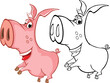 Vector Illustration of a Cute Cartoon Character Pig for you Design and Computer Game. Coloring Book Outline Set
