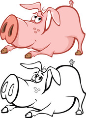 Sticker - Vector Illustration of a Cute Cartoon Character Pig for you Design and Computer Game. Coloring Book Outline Set
