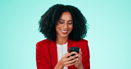 Sticker - Meme, funny and businesswoman laughing with phone on social media, online and internet isolated in studio blue background. Mobile, streaming and black woman smile due to joke on the web or app