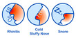 Rhinitis Cold Stuffy Nose Snore, Runny nose icon isolated . Rhinitis symptoms, treatment. Nose and sneezing. Nasal diseases. Vector Illustration