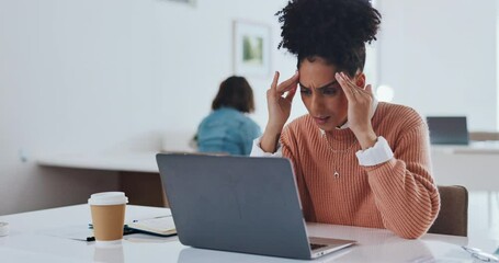 Poster - Stress, headache and burnout with a business black woman at work on a laptop in her office for a deadline. Computer, compliance and mental health with a female employee working on a company project