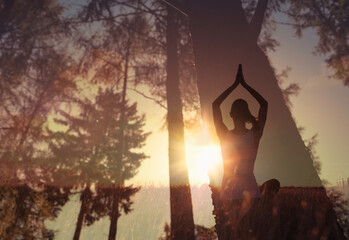 Poster - Quiet calm peaceful meditation in nature forest early morning. Mind body spirit concept. 