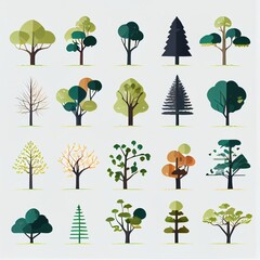 Isolated tree on white background, The collection of trees. Set of trees and shrubs. Collection of natural design elements trees with leaves. generative ai