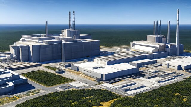 A huge modern nuclear power plant building  producing energy using uranium and plutonium atoms. Construction of a new energy facility. Illustration, concept art. Ai generative
