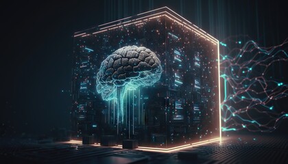 Digital brain connected to data center. Artificial intelligence concept. Based on Generative AI
