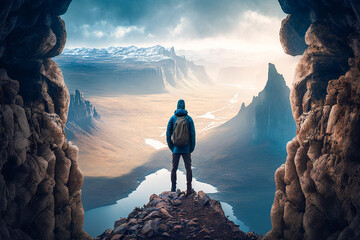 A person standing at the top of a mountain, looking out at the world below, representing the power of determination and the ability to overcome obstacles