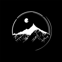 Aufkleber - Minimalistic round logo template, white icon of mountain silhouette on black background, modern logotype concept for business identity, t-shirts print, tattoo. Vector illustration