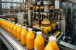 The beverage factory operates a production line that bottles fruit juice on a conveyor belt. Generative AI illustration.