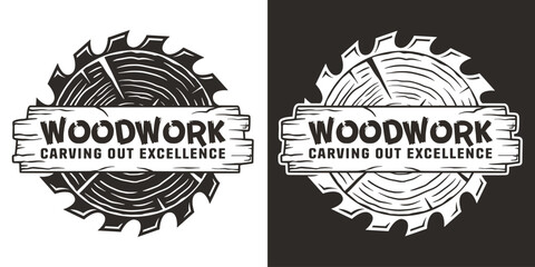 Sticker - Wood carpentry logo. Saws for slice of tree. Wooden stump and saw