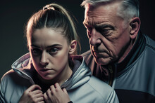 Inappropriate Metoo Relationship Between A Middle-aged Coach And A Female Athlete Girl In Sports, Trainer Touching Trainee From Behind, Wall Background With Copy Space, Generative Ai