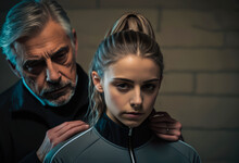 Inappropriate Romantic Relationship Between A Middle-aged Coach And A Female Athlete Girl In Sports, Trainer Touching Trainee From Behind, Wall Background With Copy Space, Generative Ai