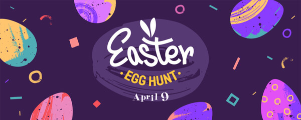 Creative Easter banner. Easter background with hand painted colorful eggs on dark backdrop, lettering and decorative design elements. Ideal for poster, greeting card, header. Vector illustration