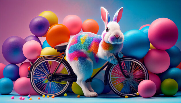 a cute cheerful rabbit holds an egg and rides a bicycle on the occasion of easter celebration. creat