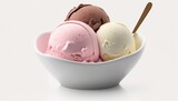 Fototapeta  - Neapolitan ice cream in a bowl with a spoon on White Background with copy space for your text created with generative AI technology