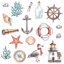 Watercolor Hand Drawn Illustration Marine Style. A Set Of Illustrations Of A Lighthouse, A Lifebuoy, An Anchor, A Seagull, A Compass, Corals And Algae. Isolated Illustration On White Background