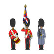 The royal standard bearer in a bearskin hat. A guard in a greatcoat. Color vector illustration with black contour lines isolated on a white background in a cartoon style.