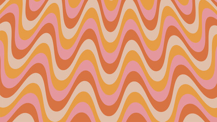 Wall Mural - Groovy psychedelic wavy background in 70s style. Funky hippie backdrop for surface design. Abstract retro line art. Trendy vector illustration with colorful waves. Yellow, pink and orange pastel color