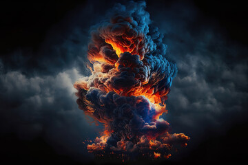 Wall Mural - burning fire in the forest, explosion with black smoke, generative ai