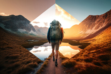 Wall Mural - hiker in the mountains at sunset, beautiful landscape backgrond, generative ai