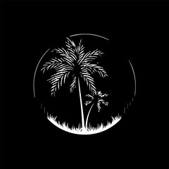 Aufkleber - Minimalistic round logo template, white icon of palm silhouette on black background, modern logotype concept for business identity, t-shirts print, tattoo. Vector illustration