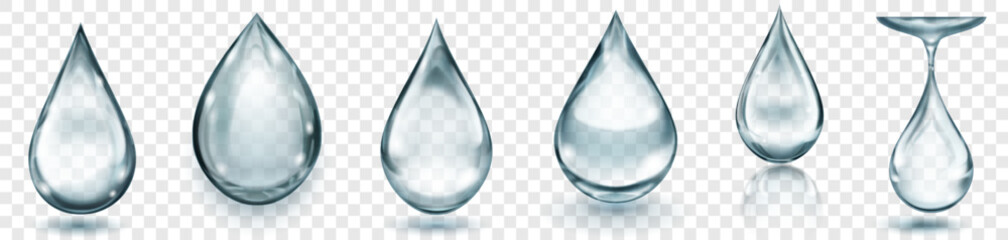 Set of realistic translucent water drops in gray colors in various shapes with glares and shadows, isolated on transparent background. Transparency only in vector format