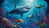 Fototapeta Do akwarium - Tropical Fish and Shark Scene