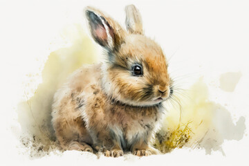Canvas Print - Generative AI. Watercolor illustration of a cute fluffy brown rabbit on a white background