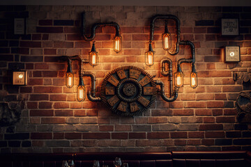 vintage wall decor interior design. Brick wall with pipes and light bulbs, rustic style, and dimly illuminated bar interior. Generative AI