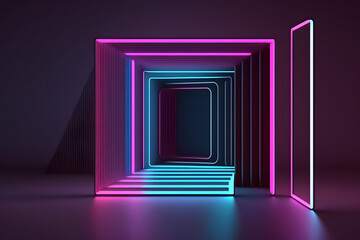 rounded pink blue neon lines, glowing in the dark. Abstract minimalist geometric background. Ultraviolet spectrum. Cyber space. Futuristic wallpaper Generative AI