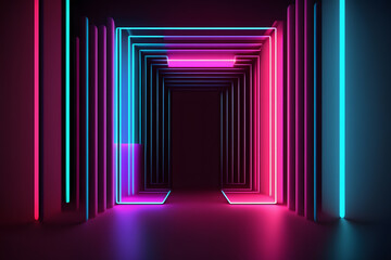 rounded pink blue neon lines, glowing in the dark. Abstract minimalist geometric background. Ultraviolet spectrum. Cyber space. Futuristic wallpaper Generative AI