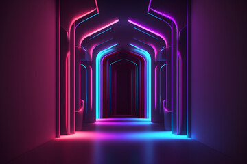 rounded pink blue neon lines, glowing in the dark. Abstract minimalist geometric background. Ultraviolet spectrum. Cyber space. Futuristic wallpaper Generative AI