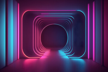 rounded pink blue neon lines, glowing in the dark. Abstract minimalist geometric background. Ultraviolet spectrum. Cyber space. Futuristic wallpaper