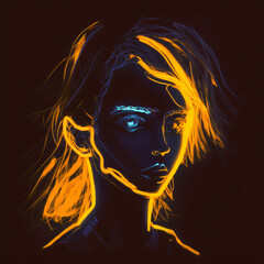 Wall Mural - girl face silhouette neon glowing light portrait isolated on a black background. girl colorful neon light isolated portrait. Generative Ai 