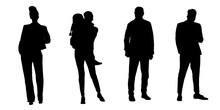 Set Of Silhouettes Of Men And A Women, A Group Of Standing 
 People Black Color Isolated On White Background