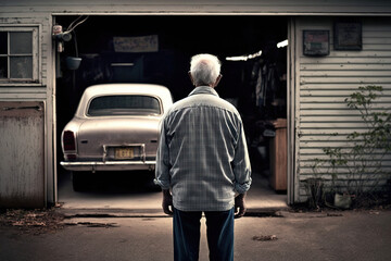 An old man is standing in front of the retro sport car which is parked at the home garage. Generative Ai image.