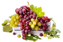 PNG. White And Pink Grapes With Green Leaves In A White Wooden Box