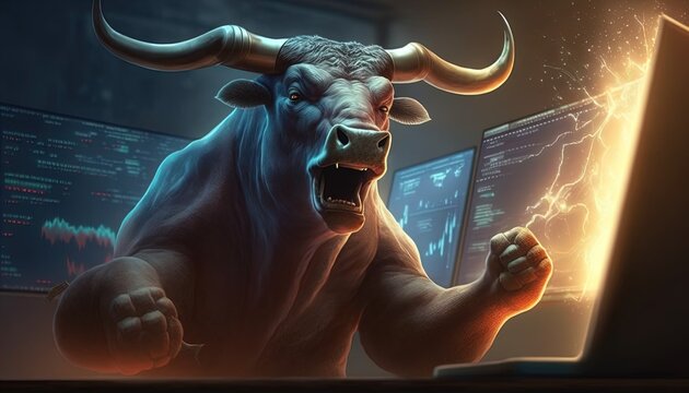 cheering angry powerful bull trading at computer as a concept of bullish / optimistic mindset in rel