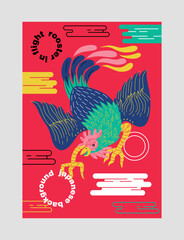 Wall Mural - japanese style poster. colorful asian wall art with rooster abstract geometric shapes and inscriptio