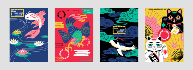 Wall Mural - japanese style poster set. elegant wall art with fish, water lilies, crane, rooster and neko cat man