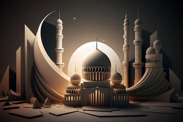 Illustration of a mosque with beautiful architecture and moon on the background. Generative AI illustration